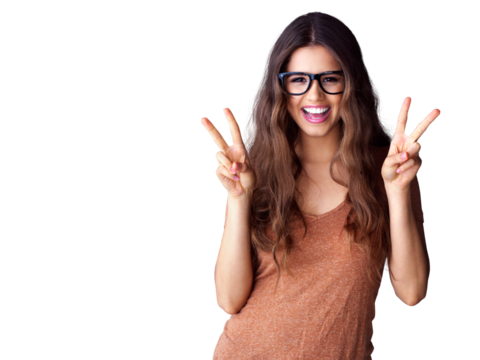 Portrait of happy woman, glasses and peace sign hands, smile and isolated on transparent png background. Happiness, freedom and excited face of gen z girl in winning hand gesture, v symbol or emoji.
