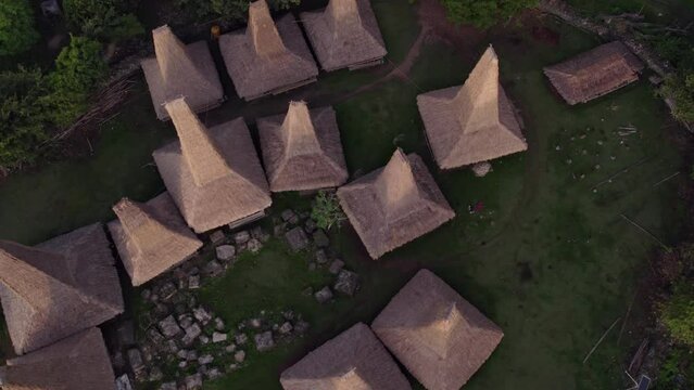 Top down shot of Kampung Adat Ratenggaro local village at Sumba island, aerial