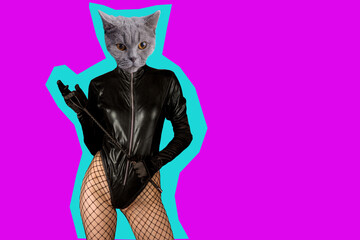 Contemporary art collage. Beautiful dominant woman in latex body, gloves and cat head posing with riding crop.