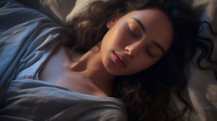 Naklejka premium Generative AI Illustration of A Woman Sleeping in the Morning with Sunlight on her Face