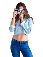 Woman, retro camera and portrait for photographer, journalist and transparent png background. Isolated girl, professional photography and vintage tech for shooting, fashion or press job for magazine