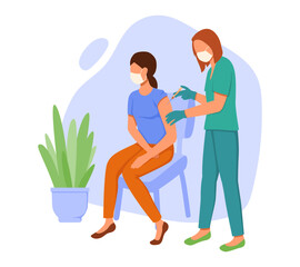 Professional nurse in uniform standing in hospital, holding syringe and doing injection to lady. Health care concept. Flat vector illustration in green and blue colors with cartoon character