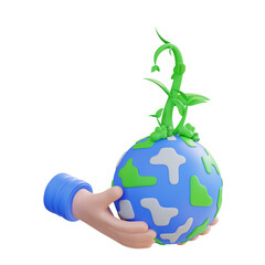 3d illustration hand holding plant growing over the globe