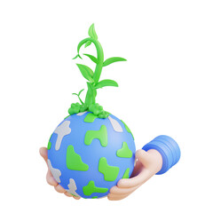 3d illustration hand holding plant growing over the globe