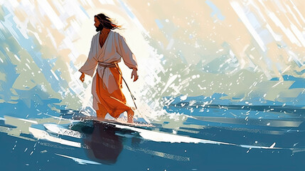 Colorful painting portrait art of Jesus walking on the water. Christian illustration. Generative AI. - obrazy, fototapety, plakaty