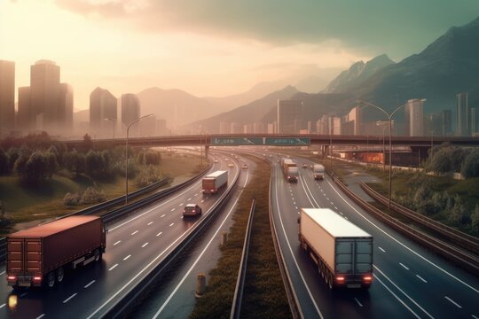 Trucks on the highway. Transportation theme. Road cars theme. Generative AI