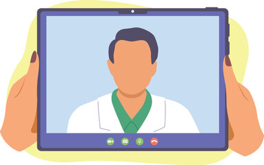 Remote teleconference with doctor on tablet. Distance group call. Video call meeting with therapist. Vector flat style illustration on white background
