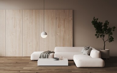 3d rendering of modern living room with white sofa and coffee table. Wooden decorative panels on the wall. Decor tree in a pot, eco design. Round pendant ball lamp.Frame mockup