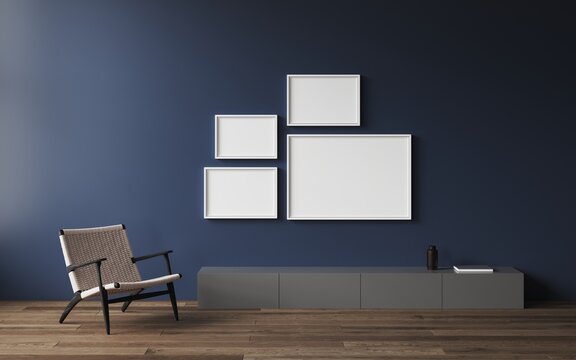 3d rendering of modern living room with chair, coffee table, wooden floor. Empty white frames for picture or art on wall.Frame mockup for art. Contemporary minimalist room interior with dark blue wall