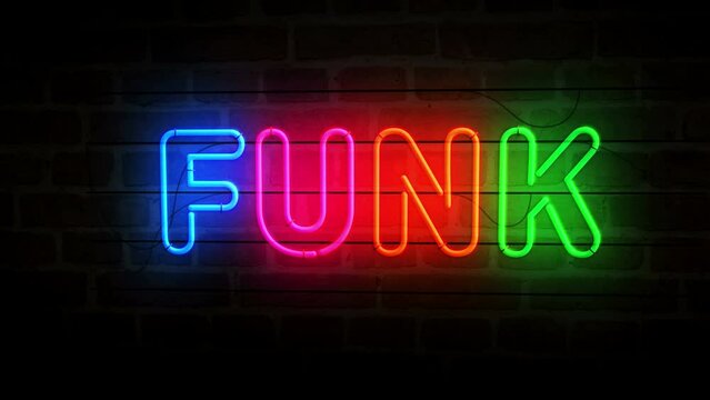 Funk music neon on brick wall. Funky entertainment retro style  light color bulbs. Abstract concept 3d animation.