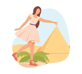 Fototapeta na wymiar Tourist photos and recreation. Summer adventures. Voyage abroad. Joyful sunny tour. Woman standing near sights and taking photo with pyramid. Vector flat illustration in blue and yellow colors