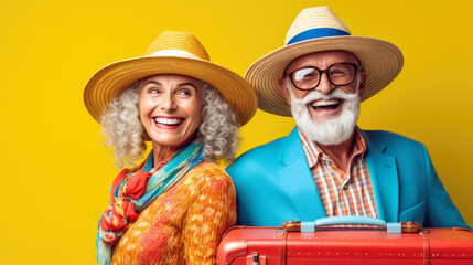 Happy older Couple whit fashion colorful clothes, suitcases in yellow background. Generative AI
funny senior couple arrive at their vacation spot. Happy older Couple whit fashion colorful clothes, sui