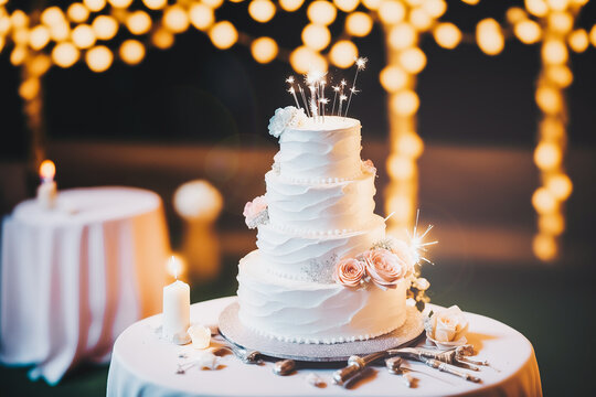 Luxury wedding or birthday cake in a romantic candle light dinner environment. Generative AI.