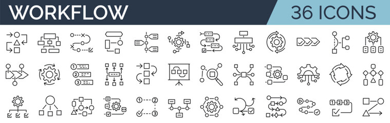 Set of 36 icons related to workflow, processing, operation. Outline icon collection. Editable stroke. Vector illustration. - 610914302