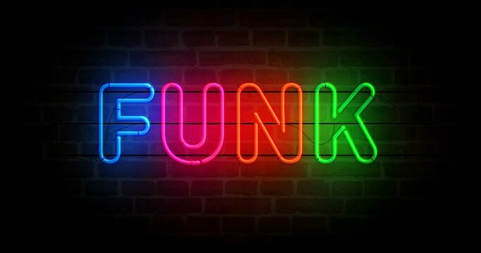 Funk music neon symbol on brick wall. Funky entertainment retro style  light color bulbs. Loopable and seamless abstract concept animation.