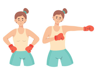 Two cute boxer girls. Sportswomen in boxing gloves. Vector illustration. Isolated female sport characters in flat cartoon style