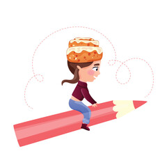 Girls character with a cinnamon bun on her head flies on a pencil. Vector illustration