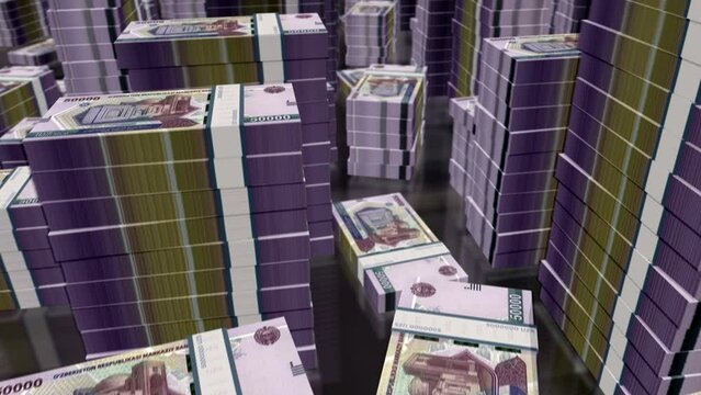Uzbekistan money Uzbek Sum money notes packs loop. 3D flight over 50000 UZS banknotes stacks towers. Loopable seamless abstract background concept of business, economy crisis and finance.