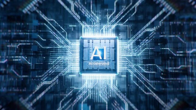 Concept: AI Letters on Glowing Chip. Advanced Futuristic Microprocessor Connecting with a Motherboard and Activates the entire System. Energy Pulse Expanding after CPU Connected to the Socket.
