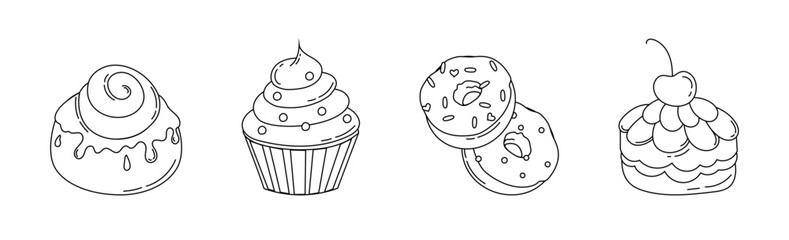 Cakes Ice cream Desserts Set of drawings Vector black and white illustration Isolated on a white background