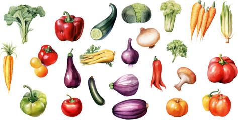 Set of watercolor mixed vegetables Easy to draw, white background 