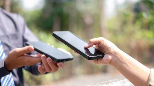 Customer using smartphones for payment cashless QR scan code technology on-screen in shopping. concept payment