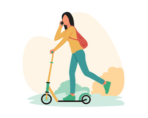 Faceless cartoon character of active woman using scooter and talking on mobile. No toxic gases in city. People using eco friendly transport. Process of driving modern electric vehicle. Vector