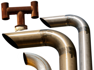 Group of metal exhaust pipes, steel and rusty iron, isolated on white or transparent background. Photography, png.