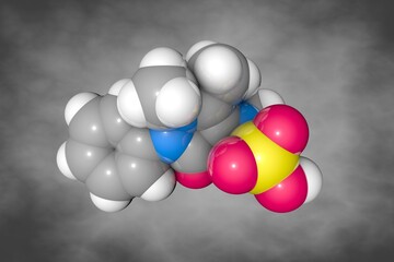 Metamizole or dipyrone. Space-filling molecular model. Atoms are shown as spheres with color coding: carbon (grey), oxygen (red), hydrogen (white), nitrogen (blue), sulfur (yellow). 3d illustration