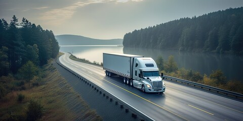 Majestic Journey. Semi Truck Roaming Amidst Mountainous Backdrop - obrazy, fototapety, plakaty