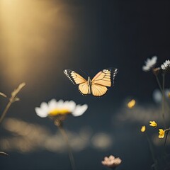 a butterfly flying towards a single magical flower lit up by a single stream of light, generative Ai