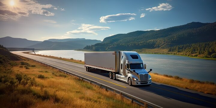 Majestic Journey. Semi Truck Roaming Amidst Mountainous Backdrop