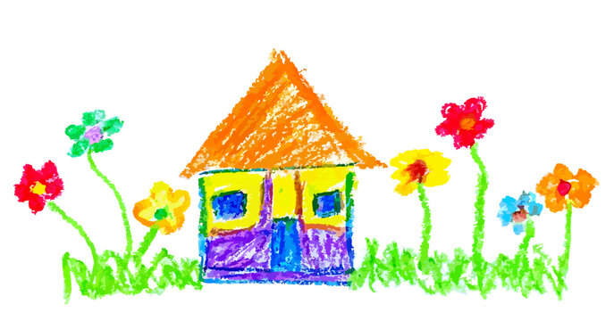 Cute children’s drawing crayon illustration of house with flower in sunny day.