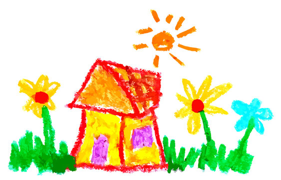 Cute children's drawing crayon illustration of house with flower in sunny day.
