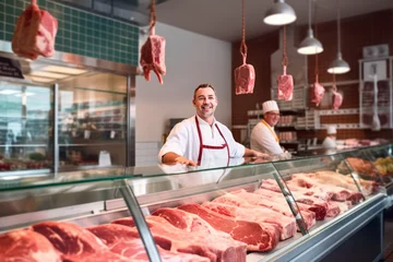 Fotobehang Man standing in front of shelves with raw meat. Male butcher or shopkeeper working in modern meathsop. Generative AI © Lubo Ivanko