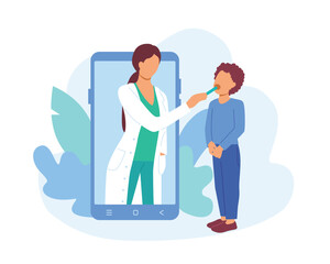 Cartoon female doctor examining patient during online communication. Video call meeting with experienced therapists. Professional medical help. Vector illustration