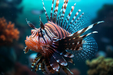 Close-up of a lionfish with its venomous spines on display - underwater, bokeh Generative AI
