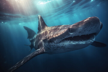 Close-up of a majestic hammerhead shark swimming by - underwater, bokeh Generative AI