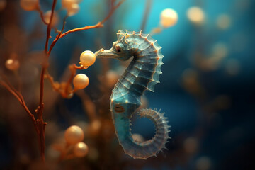 Macro shot of a delicate seahorse clinging to a coral branch - underwater, bokeh Generative AI