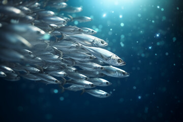 A school of shimmering silver mackerel forming a tornado-like shape - underwater, bokeh Generative AI
