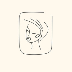 A young woman looks in front of her. Vector linear illustration drawn by hand. A pretty sweet girl.