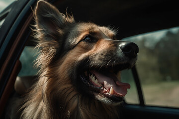 Hairy happy dog's head leaning out of a car window on the road during a trip, his fur blowing in the breeze, summer shot. Summer family travel concept. Generative AI Technology.