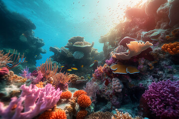 Naklejka na ściany i meble A wide-angle shot of a vibrant coral reef bustling with diverse marine life - underwater, bokeh Generative AI