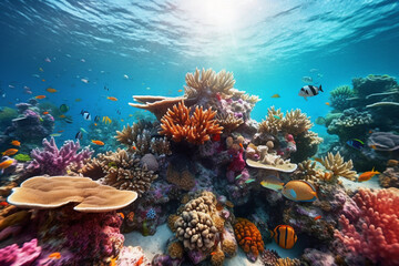 Naklejka premium A wide-angle shot of a vibrant coral reef bustling with diverse marine life - underwater, bokeh Generative AI