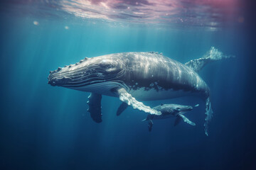 A majestic humpback whale mother nursing her calf underwater - underwater, bokeh Generative AI