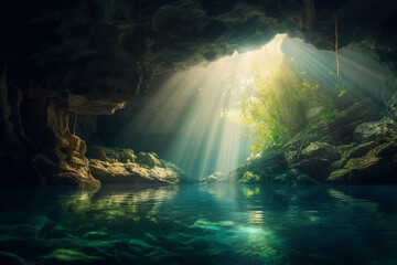 A serene underwater cave with sunlight filtering through a natural opening - underwater, bokeh Generative AI