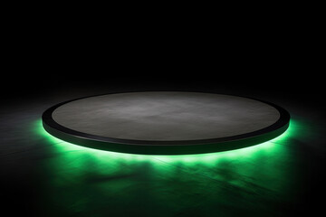 a circular platform podium with green neon light on dark background. Created with Generative AI Technology