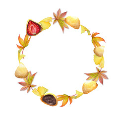 Watercolor hand drawn traditional Japanese sweets. Circle wreath of autumn wagashi with leaves. Isolated on white background. Design for invitations, restaurant menu, greeting cards, print, textile