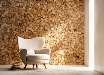 Wing chair against of window near wooden logs cut paneling wall. Rustic interior design of modern living room in farmhouse. Created with generative AI