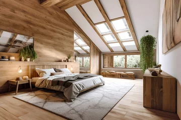 Foto auf Leinwand Cozy attic with wooden lining wall. Interior design of modern be © Vadim Andrushchenko
